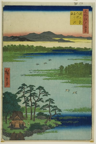 Svatyně Benten a rybník Inokašira (Inokašira no ike Benten no jaširó), ze série "Sto slavných pohledů na Edo (Meišó Edo hjakkei)". od Utagawa Hiroshige