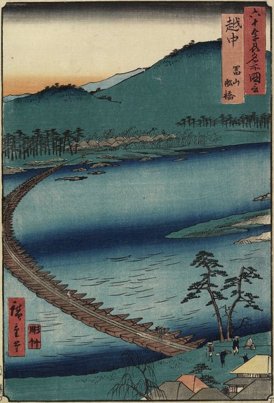 Boat Bridge v Tojamě, provincie Etchu, září 1853 od Utagawa Hiroshige