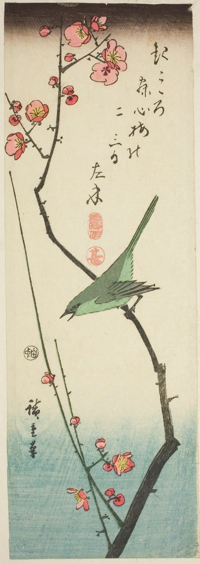 Pěnice na švestkové větvi od Utagawa Hiroshige