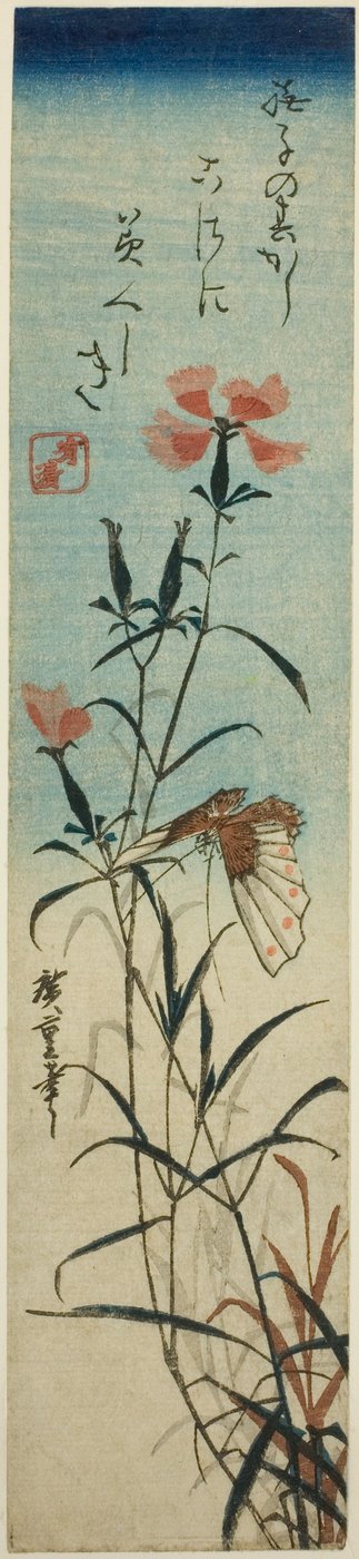 Motýl a růžové od Utagawa Hiroshige