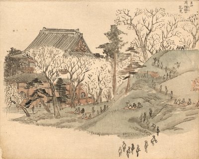 Prohlídka třešňových květů u chrámu na hoře Suribachi podle ilustrace z 5. svazku knihy „Ehon Edo miyage“ (Obrazová kniha suvenýrů z Eda) od Utagawa Hiroshige