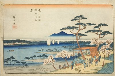 Třešňové květy v plném květu podél řeky Sumida (Sumidagawa hanazakari), ze série "Slavná místa ve východním hlavním městě (Toto meisho)" od Utagawa Hiroshige