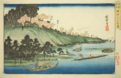 Třešňové květy v plném květu podél řeky Sumida (Sumidagawa hanazakari), ze série "Slavná místa v Edo (Koto meisho)" od Utagawa Hiroshige