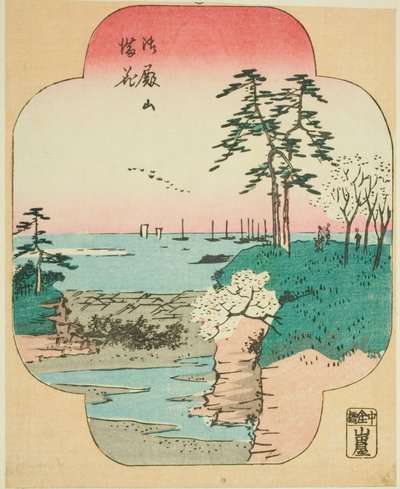 Cherry Blossoms in Full Bloom at Goten Hill (Gotenyama manka), část listu ze série "Vystřižené obrázky slavných míst v Edu (Edo meisho harimaze zue)" od Utagawa Hiroshige