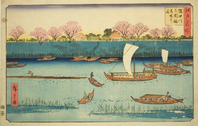 Třešňové stromy podél nábřeží řeky Sumida u svatyně Mimeguri Inari (Sumidagawa Mimeguri Inari tsutsumi no hana), ze série „Slavná místa v Edo (Edo meisho)“ od Utagawa Hiroshige