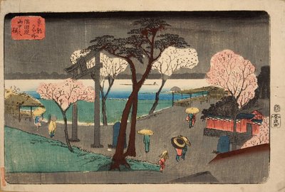 Třešňové stromy v dešti na nábřeží řeky Sumida. Sumida zutsumi uchû no sakura od Utagawa Hiroshige