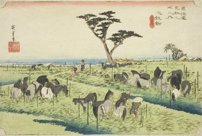 Chiryu: Raný letní koňský trh (Chiryu, shuka uma ichi), ze série "Padesát tři stanic Tokaida (Tokaido gojusan tsugi no uchi)", také známý jako Hoeido Tokaido od Utagawa Hiroshige