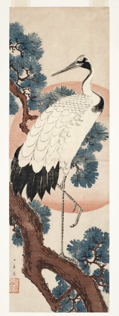 Jeřáb v borovici při východu slunce, 1850-55 (dřevěný blok) od Utagawa Hiroshige