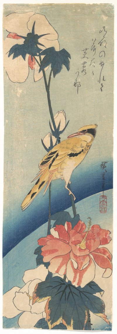 Gelber Vogel mit Haube und Hibiskus od Utagawa Hiroshige