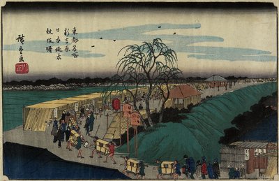 Svítání na kopci Emonzaka v bance Nihon-zutsumi, Šin-Jošiwara, asi 1830 od Utagawa Hiroshige