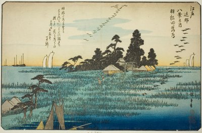 Sestupné husy u Hanedy (Haneda no rakugan), ze série „Osm pohledů v okolí Eda (Edo kinko hakkei no uchi)“ od Utagawa Hiroshige