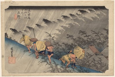 Driving Rain at Shono (stanice 46) ze série Padesát tři stanic Tokaida od Utagawa Hiroshige