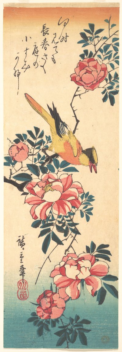 Östliche Grauwasserstelze und Rose od Utagawa Hiroshige