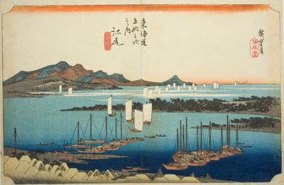 Ejiri: Vzdálený pohled na Miho (Ejiri, Miho enbo), ze série "Padesát tři zastávek na Tokaidské silnici (Tokaido gojusan tsugi no uchi)", také známé jako Hoeido Tokaido od Utagawa Hiroshige