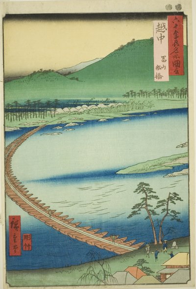 Provincie Etchu: Pontonový most v Tojamě (Etchu, Toyama funabashi), ze série „Slavná místa v šedesáti lichých provinciích (Rokujuyoshu meisho zue)“ od Utagawa Hiroshige