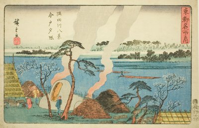 Osm pohledů na řeku Sumida (Sumidagawa Hakkei, Imado Sekisho), ze série "Toto Meisho No Uchi" od Utagawa Hiroshige