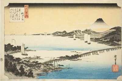 Večerní záře na mostě Seta (Seta no sekisho), ze série „Osm pohledů na Omi (Omi hakkei no uchi)“ od Utagawa Hiroshige