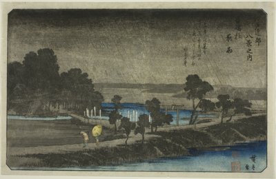 Večerní déšť ve svatyni Azuma (Azuma no mori yau), ze série „Osm pohledů v okolí Edo (Edo Kinko hakkei no uchi)“ od Utagawa Hiroshige