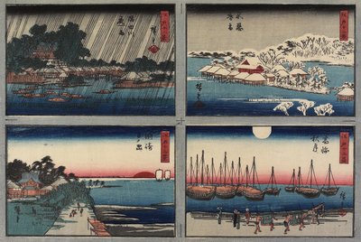 Večerní sníh v Shinobazu, podzimní měsíc v Takanavě, východ slunce v Susaki, noční déšť na řece Sumida, 1843-1847 od Utagawa Hiroshige