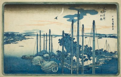 První kukačka roku na ostrově Tsukuda (Tsukudajima, hatsu hototogisu), ze série „Slavné pohledy na východní hlavní město (Toto Meisho)“ od Utagawa Hiroshige