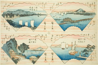 Čtyři pohledy ze série Osm pohledů na Omi (Omi Hakkei) od Utagawa Hiroshige