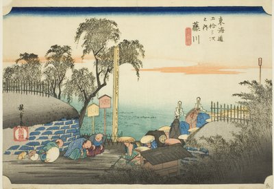 Fujikawa: Pohled na předměstí pošty (Fujikawa, bohana no zu), ze série "Padesát tři stanic Tokaida (Tokaido gojusan tsugi no uchi)", také známé jako Hoeido Tokaido od Utagawa Hiroshige