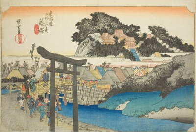 Fujisawa: Chrám Yugyo (Fujisawa, Yugyoji), ze série „Padesát tři zastávek na Tokaidské silnici (Tokaido gojusan tsugi no uchi), také známý jako Hoeido Tokaido od Utagawa Hiroshige