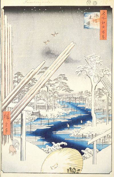 Fukagawa Lumberyards, č. 106 ze Sto slavných pohledů na Edo, 1856 (barevný tisk ze dřeva) od Utagawa Hiroshige