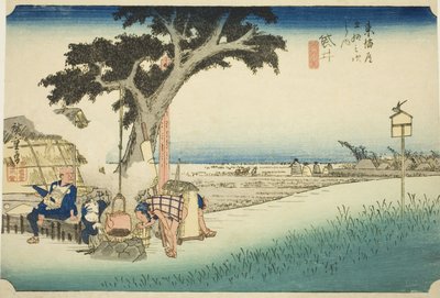 Fukuroi: Čajový stánek (Fukuroi, dejaya no zu), ze série "Padesát tři stanic Tokaida (Tokaido gojusan tsugi no uchi)", také známý jako Hoeido Tokaido od Utagawa Hiroshige