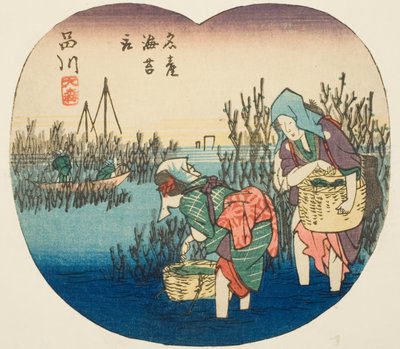 Sběr mořských řas v Omori v Shinagawa (Shinagawa, Omori, meisan nori tori), část listu č. 1 ze série "Vystřižené obrázky Tokaidské cesty (Tokaido harimaze zue)" od Utagawa Hiroshige