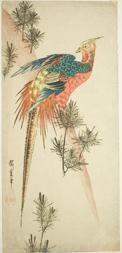 Zlatý bažant a borové výhonky ve sněhu od Utagawa Hiroshige