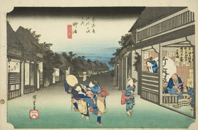 Goyu: Women Stoping Travelers (Goyu, tabibito tomeru onna), ze série "Padesát tři stanic Tokaida (Tokaido gojusan tsugi no uchi)", také známé jako Hoeido Tokaido od Utagawa Hiroshige