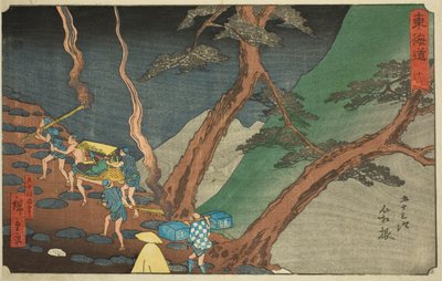 Hakone: Cestování s borovými pochodněmi v noci (Hakone, yonaka taimatsu tori) – Ne. 11, ze série „Padesát tři zastávek Tokaida (Tokaido gojusan tsugi), známé také jako Reisho Tokaido od Utagawa Hiroshige