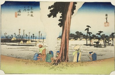 Hamamatsu: Zimní scéna (Hamamatsu, fuyugare no zu), ze série "Padesát tři stanic Tokaida (Tokaido gojusan tsugi no uchi)", také známé jako Hoeido Tokaido od Utagawa Hiroshige