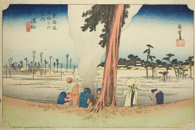 Hamamatsu: Zimní scéna (Hamamatsu, fuyugare no zu), ze série "Padesát tři stanic Tokaida (Tokaido gojusan tsugi no uchi)", také známé jako Hoeido Tokaido od Utagawa Hiroshige
