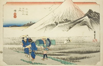 Hara: Hora Fudži v dopoledních hodinách (Hara, asa no Fuji), ze série „Padesát tři stanic tokaidské silnice (Tokaido gojusan tsugi no uchi)“, také známé jako Hoeido Tokaido od Utagawa Hiroshige