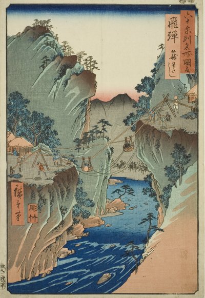 Hida Province: Basket Ferry (Hida, Kagu Watashi), from the series "Famous Places in the Sixty-odd Provinces (Rokuju Yoshu meisho zue)" od Utagawa Hiroshige