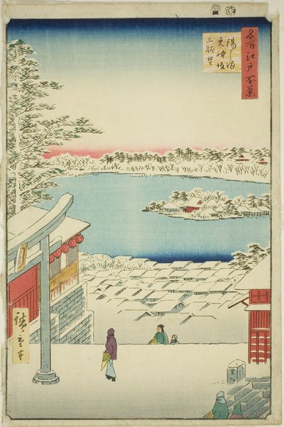 Pull l and p View w z Yushima Tenjin Sh Line (Yushima Tenjin Sakaue Tembo), ze série „Hřeben pro hřebeny pohledy na Edo (Sto slavných pohledů na Edo)“ od Utagawa Hiroshige