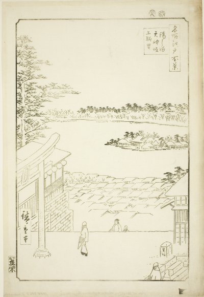 Pull l and p View w z Yushima Tenjin Sh Line (Yushima Tenjin Sakaue Tembo), ze série „Hřeben pro hřebeny pohledy na Edo (Sto slavných pohledů na Edo)“ od Utagawa Hiroshige