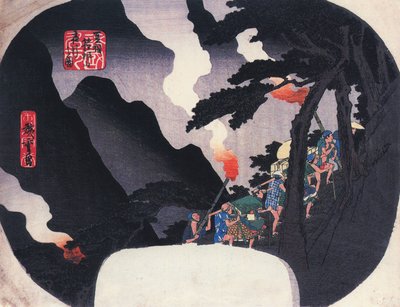 Hirošige Poutníci na horské stezce v noci od Utagawa Hiroshige