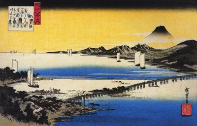 Hirošige Pohled na dlouhý most přes jezero od Utagawa Hiroshige
