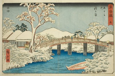 Hodogaya: Řeka Katabira a most Katabira (Hodogaya, Katabiragawa Katabirabashi) – č. 5, ze série „Padesát tři stanic Tokaida (Tokaido gojusan tsugi), známé také jako Reisho Tokaido od Utagawa Hiroshige