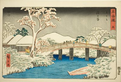 Hodogaya: Řeka Katabira a most Katabira (Hodogaya, Katabiragawa Katabirabashi) – č. 5, ze série „Padesát tři stanic Tokaida (Tokaido gojusan tsugi), známé také jako Reisho Tokaido od Utagawa Hiroshige