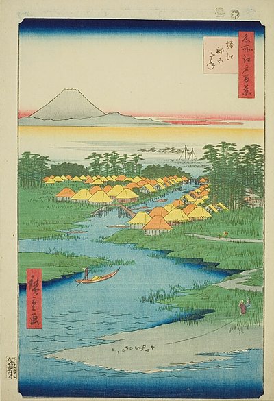 Horie a Nekozane (Horie Nekozane), č. 96 ze série "Sto slavných pohledů na Edo (Meisho Edo hyakkei)". od Utagawa Hiroshige
