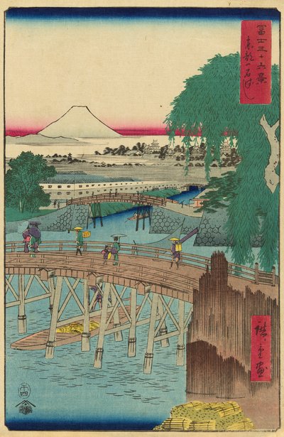 Most Ichikoku ve východním hlavním městě (Toto Ichikokubashi), ze série „Třicet šest pohledů na horu Fuji (Fuji sanjurokkei)“ od Utagawa Hiroshige