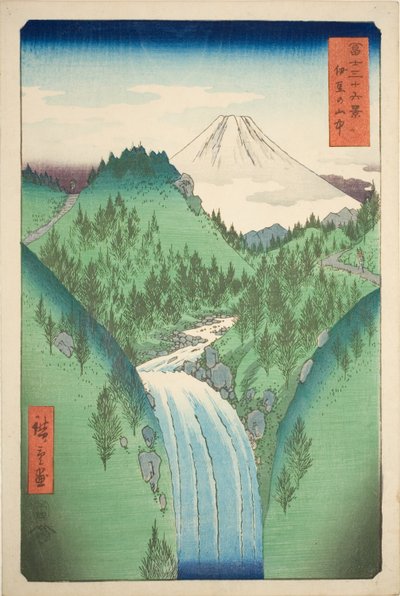 V horách provincie Izu (Izu no sanchu), ze série „Třicet šest pohledů na horu Fuji (Fuji sanjurokkei)“ od Utagawa Hiroshige