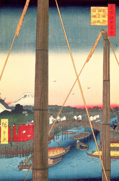 Most Inari a svatyně Minato, Teppozu, deska 77 ze série Sto slavných pohledů na Edo, období Edo, éra Ansei, 1857 (dřevotisk) od Utagawa Hiroshige