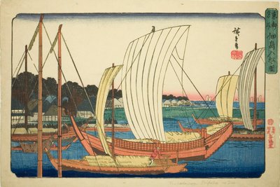 Příchozí lodě na ostrově Tsukuda (Tsukudajima irifune no zu), ze série „Slavná místa ve východním hlavním městě (Toto meisho)“ od Utagawa Hiroshige