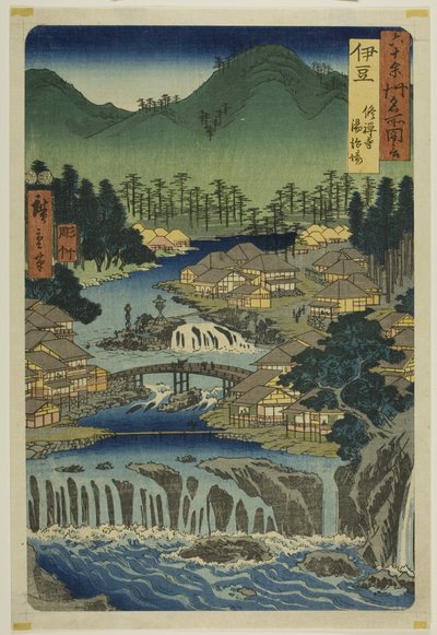 Provincie Izu: Horké prameny chrámu Šuzen (Izu, Šuzendži tódžibá), ze série "Slavná místa v šedesáti provinciích (Rokujuyoshu meisho zue)". od Utagawa Hiroshige