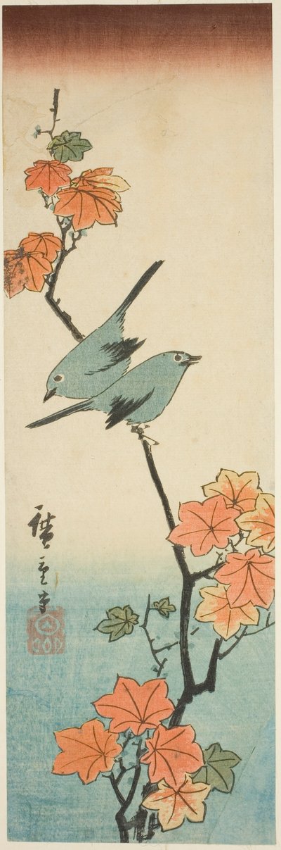 Japonští bělookí na javorové větvi od Utagawa Hiroshige
